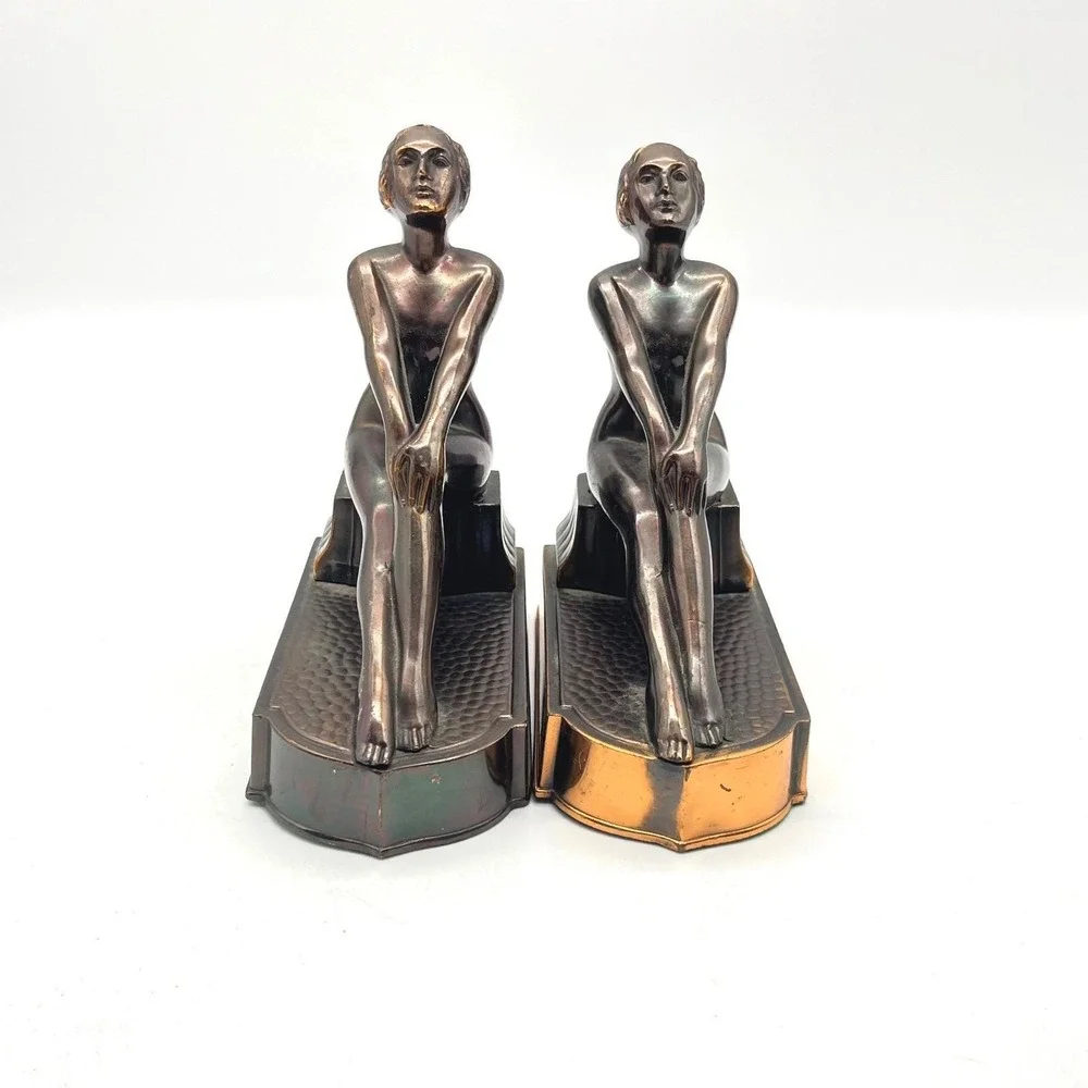 Vintage Art Deco Bronze Tone Clad Seated Nude Female Bookends Japan Pair Patina